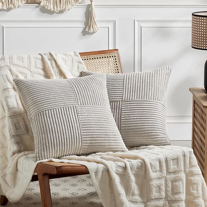 Fancy Homi 2 Packs Neutral Grey Decorative Throw Pillow Covers 16x16 Inch for Living Room Couch Bed, Rustic Farmhouse Boho Home Decor, Soft Corss Patchwork Corduroy Textured Square Cushion Case 40cm