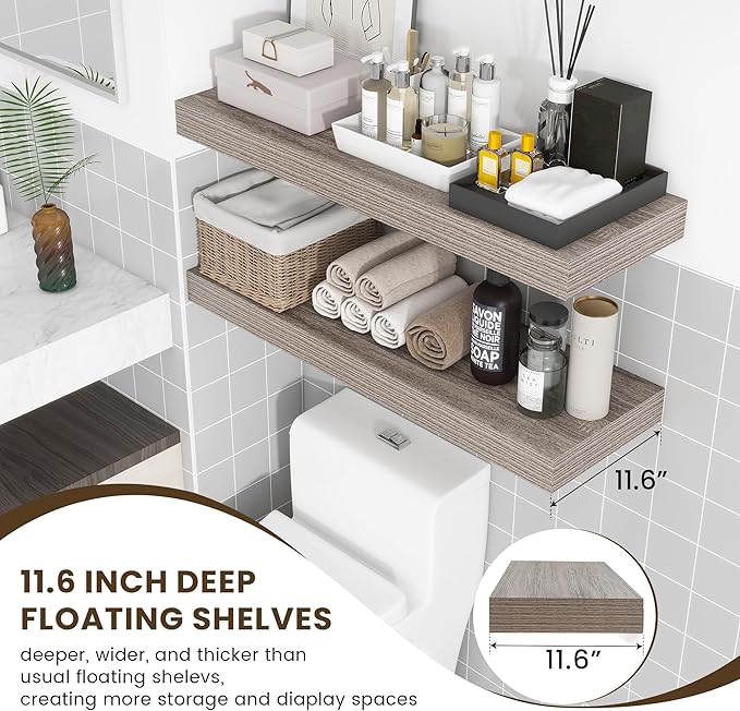 Deep Floating Shelves for Wall, 36W x 12D Rustic Large Floating Shelves Set of 2, 12'' Deep Grey Wood Floating Shelves for Living Room Bathroom Laundry Room Bedroom Kitchen Home Office - Grey