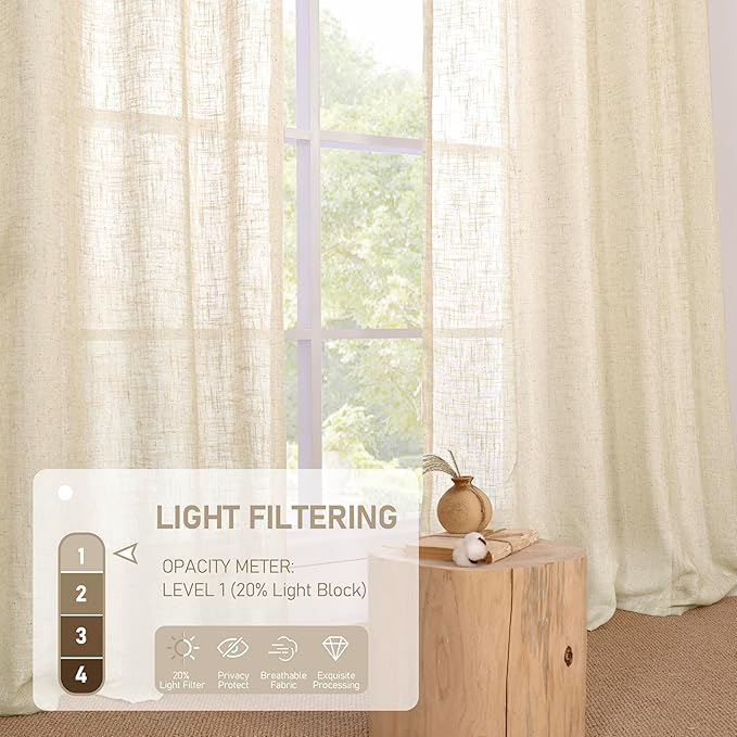 LAMIT Linen Curtains 84 Inches Long for Living Room, Bronze Grommet Linen Light Filtering Window Treatments Semi Sheer Modern Drapes for Bedroom,2 Panels Set 60 x 84 Inch, Beige
