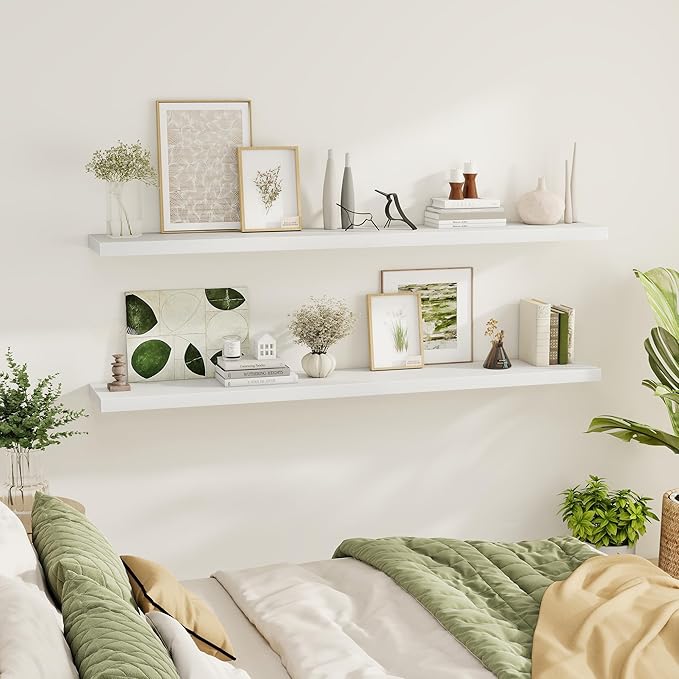 Fun Memories 72 Inch Floating Shelves for Wall 2 Pack Shelves for Bedroom|Kitchen|Bathroom 72 x 9.3 Inch Wood Floating Shelf with Invisible Brackets for Books|Storage|Decor, White