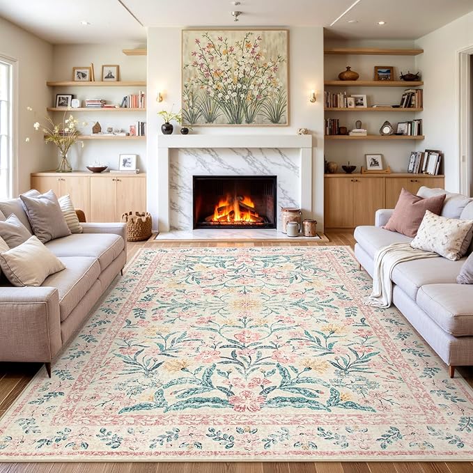 Wonnitar Machine Washable 10x14 Area Rugs, Large Living Room Rug Floral Pink and White Carpet, Boho Soft Ultra-Thin Foldable Carpets for Bedroom Dining Room Office