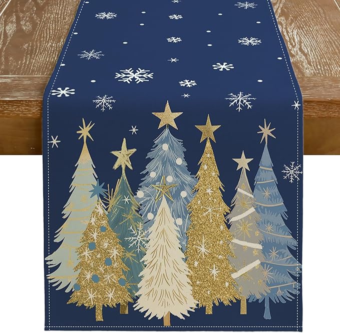 GEEORY Christmas Table Runner 13x120 Inch, Xmas Trees Snowflakes Holiday Decorative Farmhouse Table Decoration for Kitchen Dinning, Indoor Outdoor Dinner Party Decor (Blue) GT151-120N