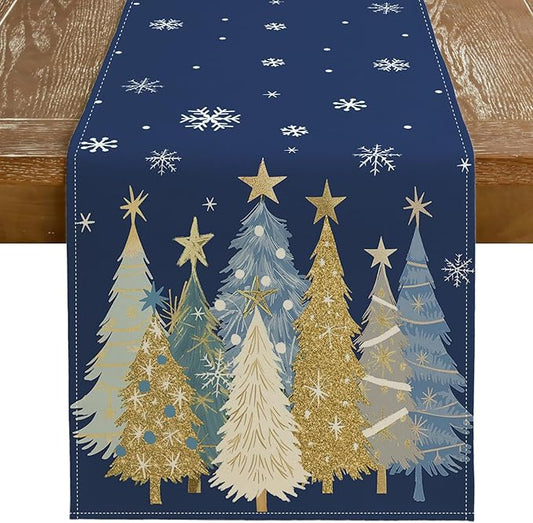 GEEORY Christmas Table Runner 13x72 Inch, Xmas Trees Snowflakes Holiday Decorative Farmhouse Table Decoration for Kitchen Dinning, Indoor Outdoor Dinner Party Decor (Blue) GT151-72