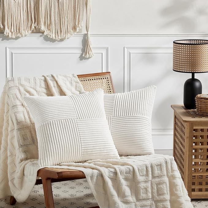 Fancy Homi 2 Packs Cream White Decorative Throw Pillow Covers 16x16 Inch for Living Room Couch Bed Sofa, Rustic Farmhouse Boho Home Decor, Soft Corss Patchwork Corduroy Textured Cushion Case 40x40 cm