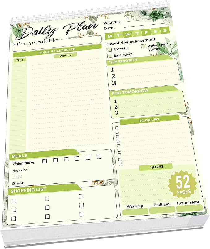 Daily Plan Notepad, 52 Sheets 8.5" X 11.5" Daily for To-Do Lists, Habit Tracking, Academic Scheduling, and Productivity Goals - Perfect for Work, Home, and Office Organization| Tropical Green Floral
