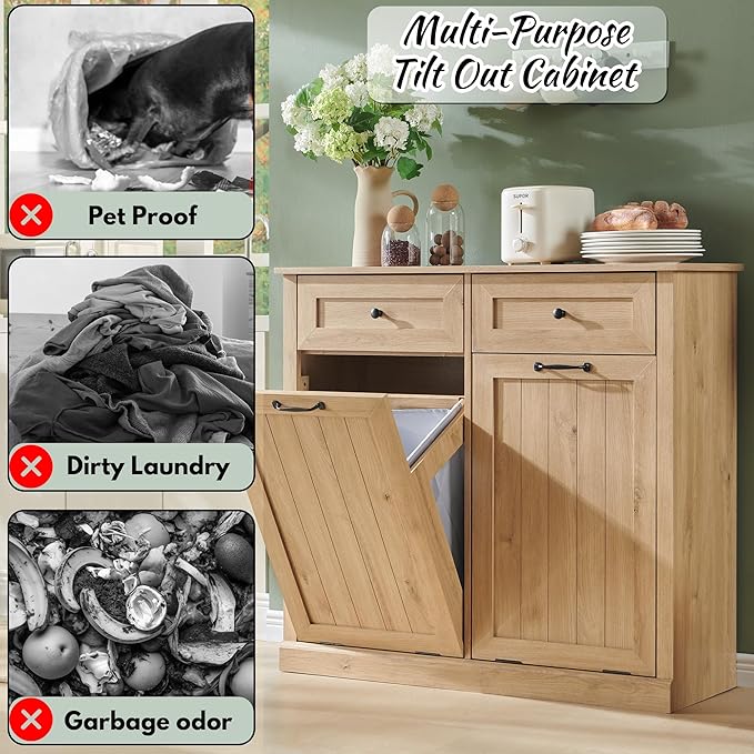 Double Tilt Out Laundry Hamper Cabinet, 20 Gallon Farmhouse Trash Can Cabinet with Drawer, Hidden Wood Garbage Can Bin Cabinets with Laundry Storage Basket for Bathroom, Kitchen (Natural)