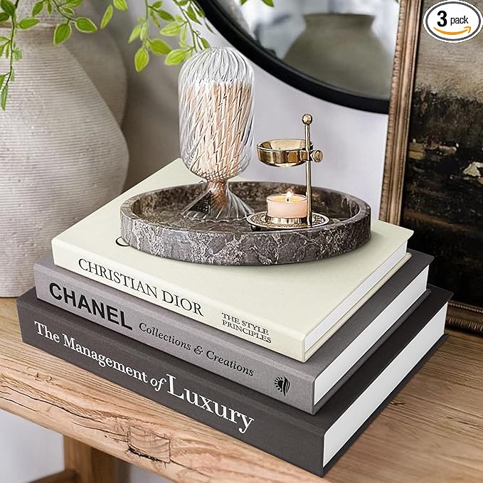 Aesthetic Decorative Books -Set of 3 Minimalist Linen Hardcover Faux/Fake Books for Coffee Table Home Decor Living Room Decoration, Photo Storage or as a Keepsake Box(Black-gray-beige-luxury)
