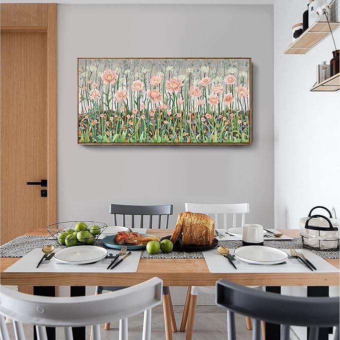 amatop Framed Large Floral Wall Art Modern Botanical Canvas Print Flower Field Wall Decor Abstract Landscape Picture Blooming Flower Forest Pink Green Artwork for Living Room Bedroom Office 48x24 in