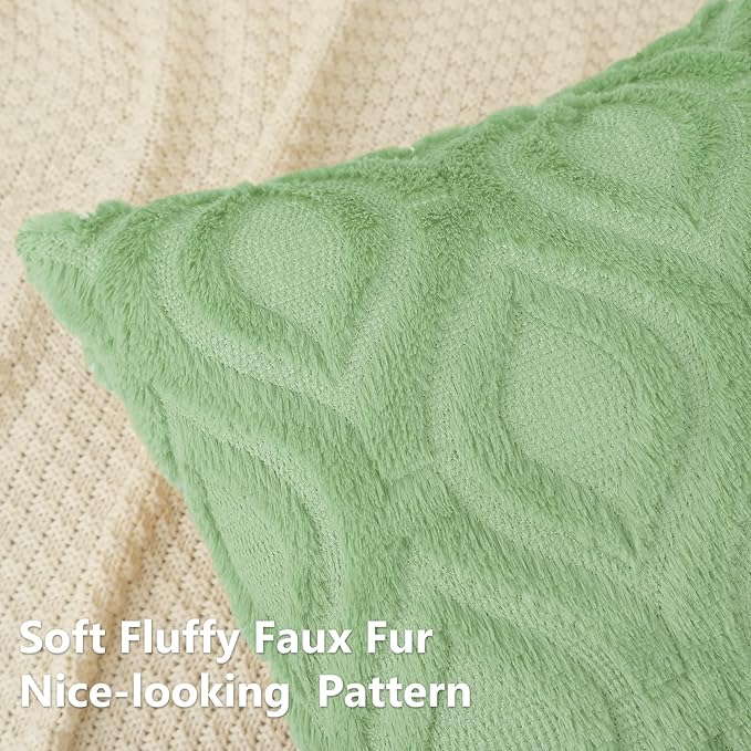 decorUhome Throw Pillow Covers 18x18 Inch Set of 2, Soft Plush Decorative Faux Fur Sage Green Solid Couch Pillow Covers, Accent Farmhouse Neutral Square Euro Pillow Cases for Sofa Bed Living Room
