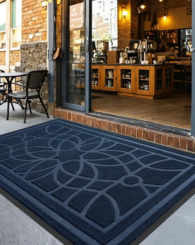 DEXI Front Door Mat Outside Entrance, Heavy Duty Non Slip Low Profile Doormat for Entryway, Trap Dirt and Moisture Welcome Mats, Easy Clean, Patio, Garage, 5x3, Blue