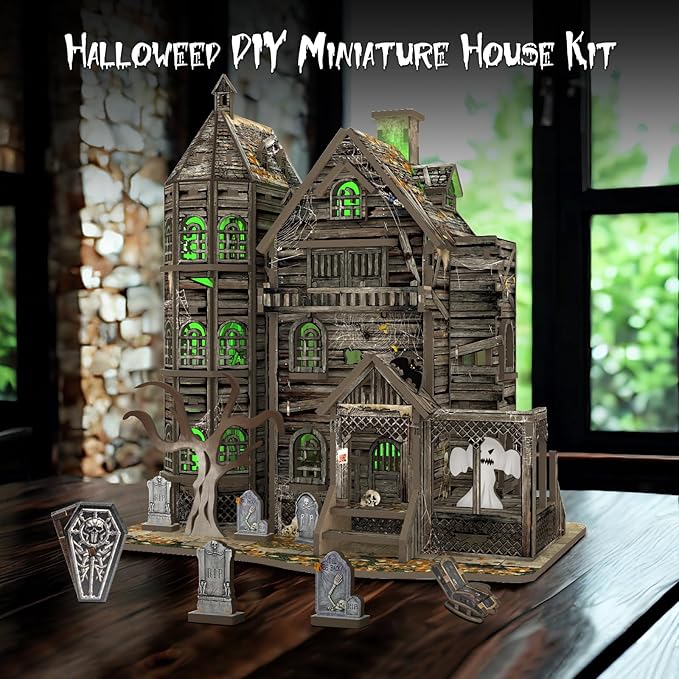 DIY Mini House Kit, Miniature Haunted House Kits with LED Accessories Furniture, 3D Wooden Puzzles for Adults, Dollhouse Craft Gifts for Girls, Boys, Teens