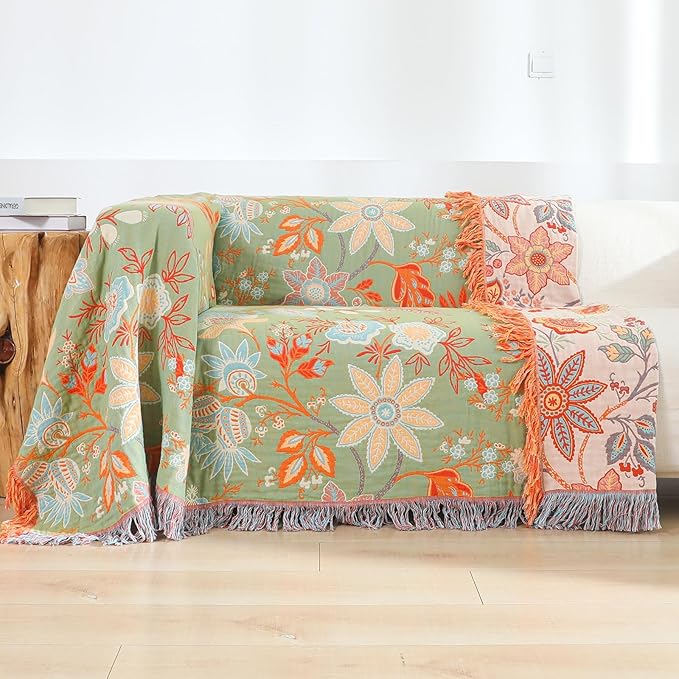 Boho Fall Throw Blanket for Bed，100% Ultra Cotton Soft Breathable Bed Throw Floral Printed Farmhouse Decor Rustic Bed Throws for Couch Sofa Quilt 90" x 98"-Orange& Sage Green