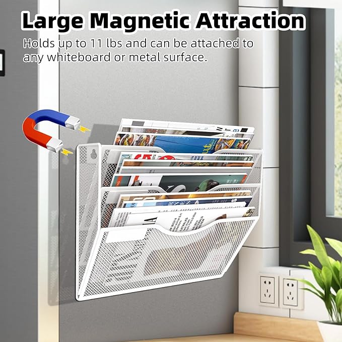 3-Tier Magnetic File Holder, No Drilling Installation File Cabinet Organizer, White Magnetic File Organizer, Magazine Rack, Magnetic Paper Holder for Refrigerator, File Cabinets,White