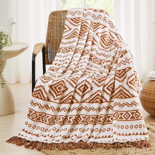 CASAAGUSTO Boho Throw Blanket - Terrcotta Decorative Blankets with Tassel, Printed Flannel Bohemian Blanket for Chair, Bed, Sofa, Couch(50 * 60, Terrcotta)