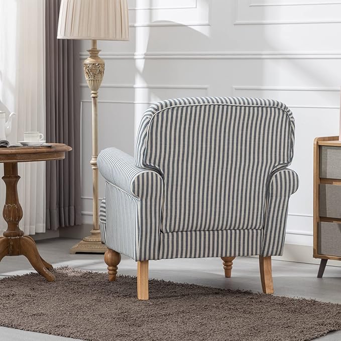 chairus Linen Accent Chair for Living Room Upholstered Mid Century Modern Single Sofa Chair with Solid Wood Legs Comfy Reading Chair Armchair for Bedroom/Office Room/Recption/Lounge, Blue Stripe