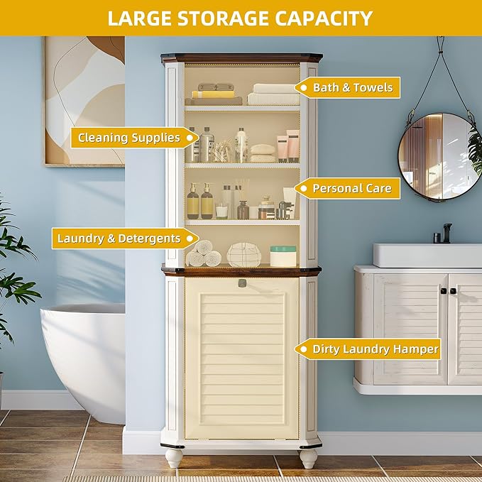 DWVO Tilt Out Laundry Hamper, Farmhouse 4-Tier Storage Cabinet with Removable Laundry Basket, Laundry Hamper Organizer with 2 Adjustable Shelves for Laundry Room, Bathroom, White