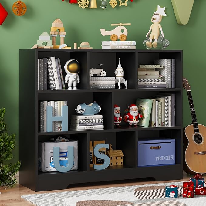 Book Shelf, 8 Cubes Storage Organizer, 3-Tier Open Shelf Wooden Bookcase, Freestanding Black Bookshelf Cube Shelf for Bedroom, Living Room, Home Office