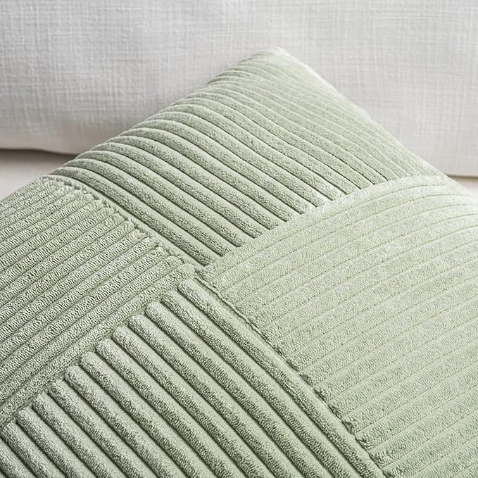 Fancy Homi Set of 2 Sage Green Boho Long Lumbar Body Decorative Throw Pillow Cover 14x36 Inch for Bed Couch Bedroom Bench, Soft Patchwork Corduroy Textured Pillow Case, Rustic Farmhouse Room Décor