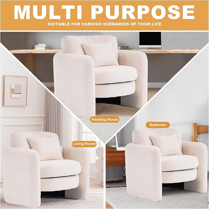 Chenille Accent Armchair Oversize Upholstered Barrel Comfy Modern Round Lounge Sofa Chair with Pillow Cozy Reading Chairs for Apartment,Office,Living Room,Dining,Makeup,Club,Beige