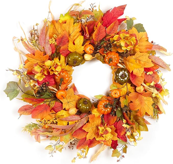 Fall Wreath for Front Door,24" Autumn Front Door Wreath Fall Decorations with Pumpkins Hydrangea Maple Leaves for Porch Window Farmhouse Halloween Thanksgiving Harvest Festival Home Decor