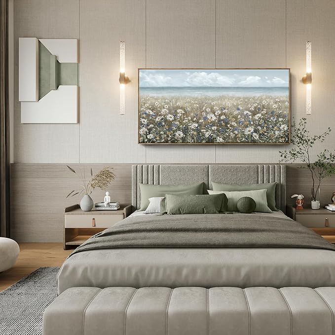 amatop Oversized Wall Art for Living Room Extra Large Farmhouse Boho Framed Beach Coastal Vintage Ocean Floral Canvas Print Daisy Flowers Sea Wall Picture Neutral Nautical Artwork Bedroom Office Decor