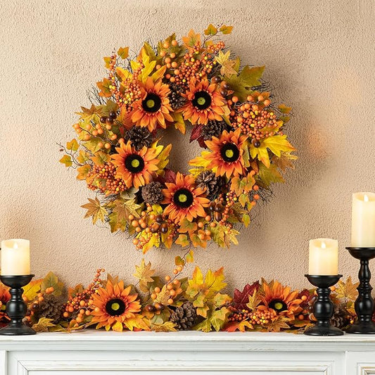 Glitzhome 24'' Fall Wreath for Front Door Decor, Artificial Autumn Orange Wreath with Sunflower, Maple Leaf and Berry Ornament for Wall Fireplace Farmhouse Thanksgiving Day Harvest Festival Decor