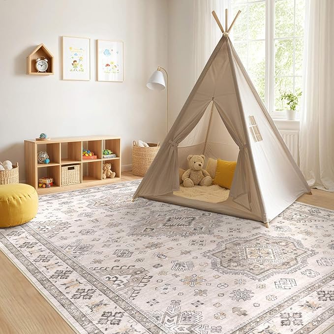 Washable Area Rugs for Living Room -9x12 Neutral Vintage Distressed Floral Farmhouse Boho Large Soft Floor Rug Indoor Non Slip Carpet for Living Room Bedroom Dining Room Office -Beige Brown