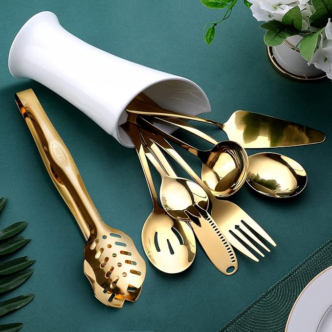 Gold Serving Utensils, OGORI 8-Piece Polished Stainless Steel Flatware Silverware Set Include Serving Spoon, Slotted Spoon, Cake Server, Soup Ladle, Fork, Salad Fork, Butter Knife, Serving Tong