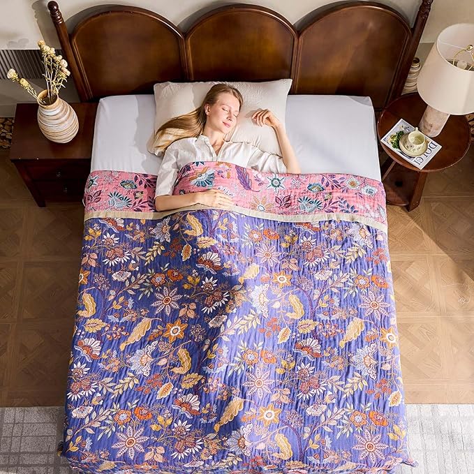 Boho Blanket, 100% Cotton Farmhouse Decorative Throw Blanket, 50"x60" Reversible Bohemian Throw Blanket, Purple All Season Muslin Breathable Woven Blankets Quilt