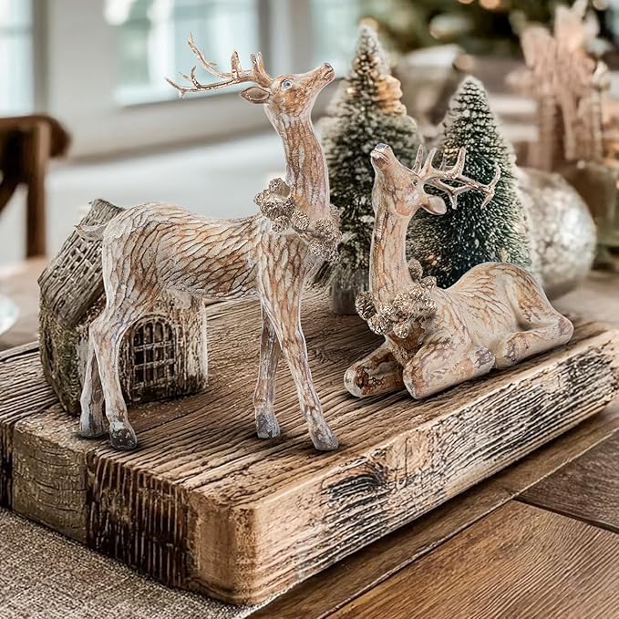 DN DECONATION 2pcs Reindeer Christmas Figurines, Tabletop Reindeer Small Christmas Decor, Brown Resin Deer Statue, Holiday Home Décor Accents for Xmas Office Living Room & Bedroom Decorations