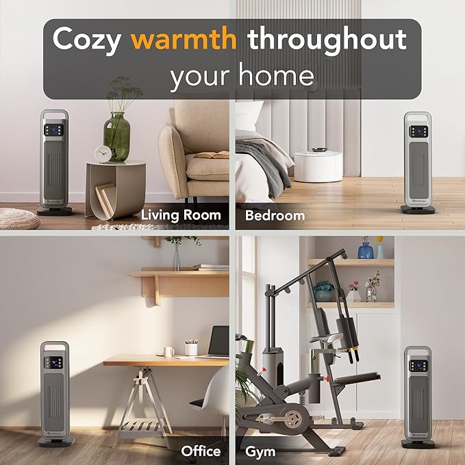 Comfort Zone Oscillating Digital Tower Heater with Remote Control for Indoor Use, Adjustable Thermostat, Timer, Overheat Protection, Tip-Over Switch, Ideal for Home, Bedroom, & Office, HT1206-GRY