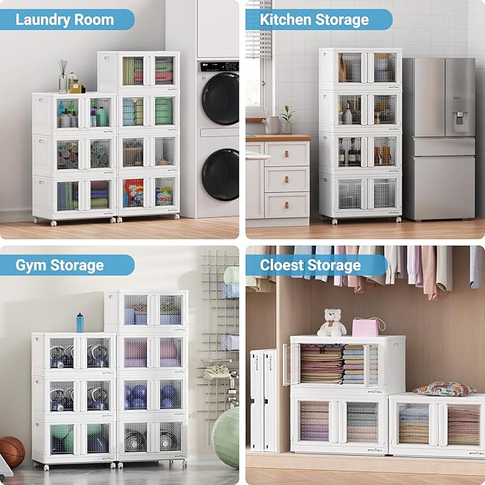 300Qt Stackable Storage Bins with Lids, 75Gal Closet Organizers and Storage Drawer, Plastic Collapsible Storage Bins with Doors, Heavy Duty Store Box Cabinet for Home Kitchen, 3Pack White