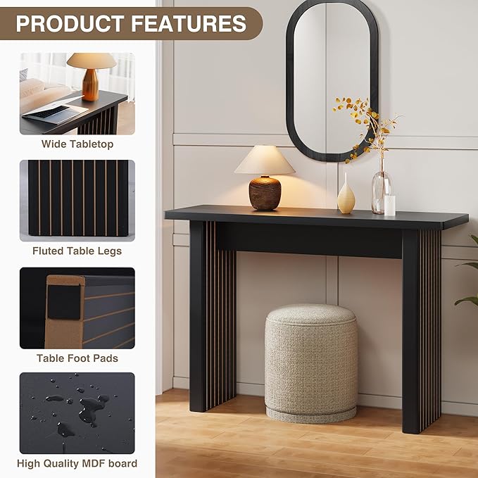 AVZEAR Mid Century Narrow Entryway Console Table, 43.3" Fluted Wood Couch Table Behind Sofa Long and Skinny for Living Room Hallway Entrance Foyer, Black