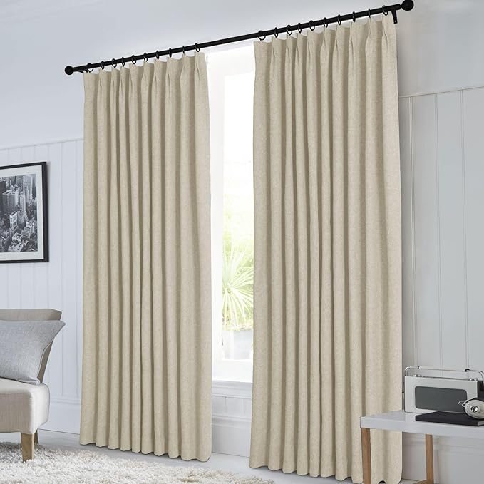 Macochico Beige 100% Blackout Linen Curtains 96 Inches Long Pinch Pleated Curtains for Bedroom Living Room Nursery Farmhouse Insulated Sound Reducing Drapery with Tieback 84”Wx96”L 1 Panel