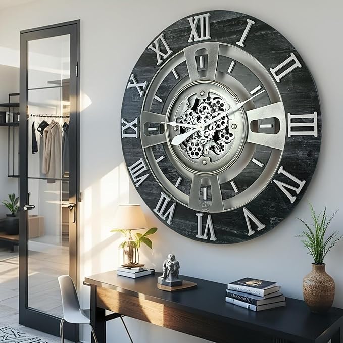 The Gears Clock Real Moving Gear Wall Clock England Line (Vintage Black, 24 inches (60 cm))