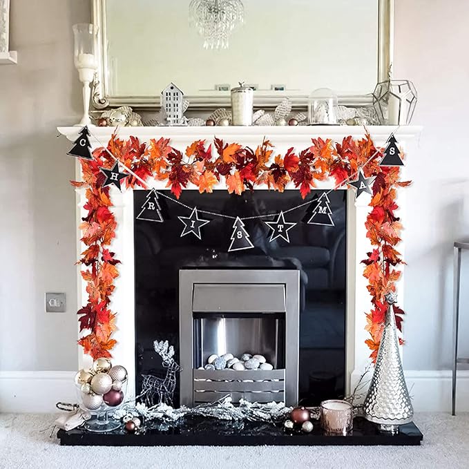 Lvydec 2 Pack Maple Leaves Fall Garland - 6ft/Strand Artificial Fall Foliage Garland Colorful Autumn Decoration for Home Wedding Party Thanksgiving