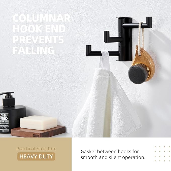 Angle Simple Swivel Towel Hook 3 Arms, SUS 304 Stainless Steel Foldable Bathroom Robe Towel Hook, Wall Coat Holder, Matte Black