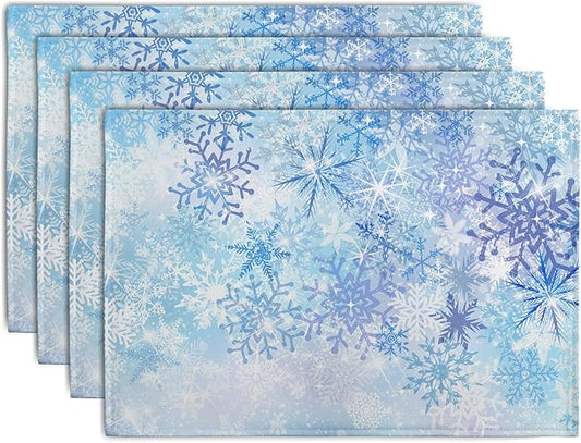 Blue Snowflake Winter Placemats Set of 4 Xmas Snow Place Mat Merry Christmas Linen Fabric Table Mats Washable Heat Resistant Placemat for Farmhouse Kitchen Dining Party Decoration