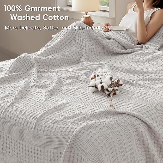 PHF 100% Cotton Waffle Weave Blanket Twin Size, Soft Lightweight Breathable Cozy Summer Blankets for Bed, Luxury Aesthetic Woven Bedding for Home Decor, 66"x90", Light Grey