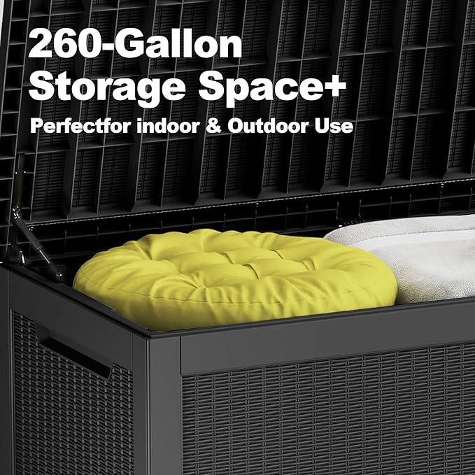 260 Gallon Deck Box XXL Large Outdoor Storage for Patio Furniture,Outdoor Cushions,Garden Tools and Pool Supplies,Waterproof,Resin,Lockable(Black Rattan)