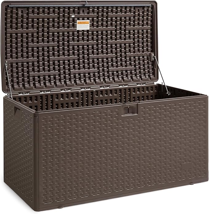Amazon Basics Outdoor Organization & Storage Deck Box with Lid, 99 Gallon, Brown