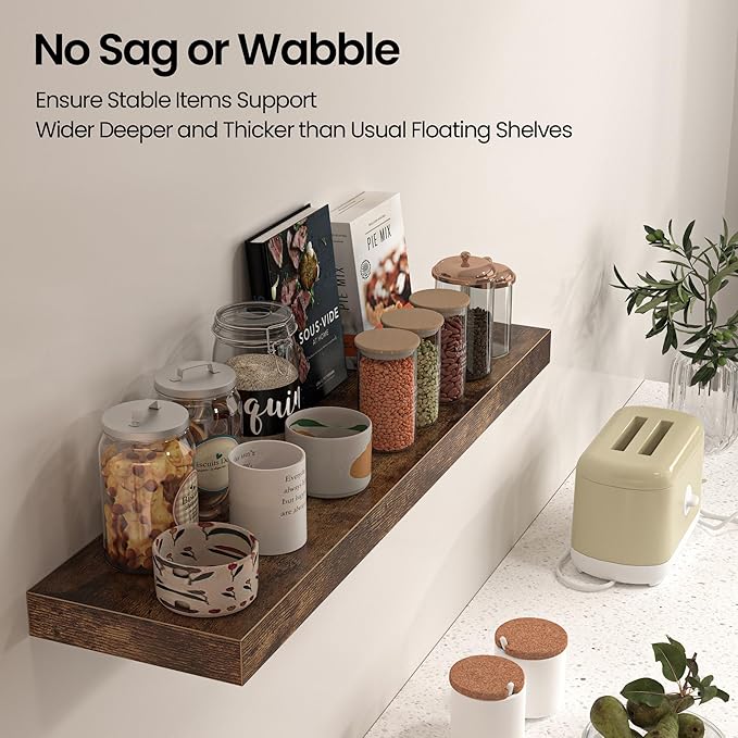 Floating Shelves for Wall, 24"W x 6.7"D x 1.5"H, Wooden Wall Mounted Display Shelf with Invisible Brackets for Living Room, Bedroom, Bathroom, Kitchen Decor and Storage, Set of 2, Rustic Brown