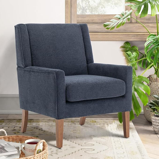 COLAMY Modern Wingback Living Room Chair, Upholstered Fabric Accent Armchair, Single Sofa Chair with Lounge Seat and Wood Legs for Bedroom/Office/Reading Spaces, Blue