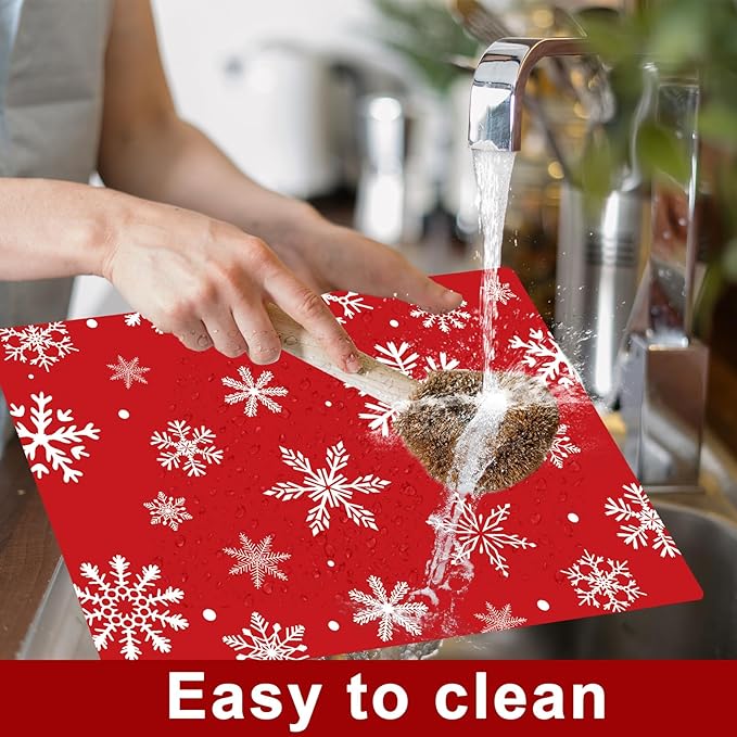 Christmas Placemats Set of 6 Christmas Red and White Snowflake Plastic Table Mats Winter Place Mats Washable Seasonal Xmas Winter Holiday Table Decoration for Indoor Outdoor Party Kitchen Dining