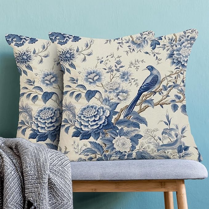 CXMEIFLY Spring Floral Pillow Covers 18 x 18 Inch Set of 2 for Chinoiserie Flowers Bird Decor Throw Pillows Vintage Blue and White Plant Outdoor Decorative Cushion Cases for Couch Bed Decorations