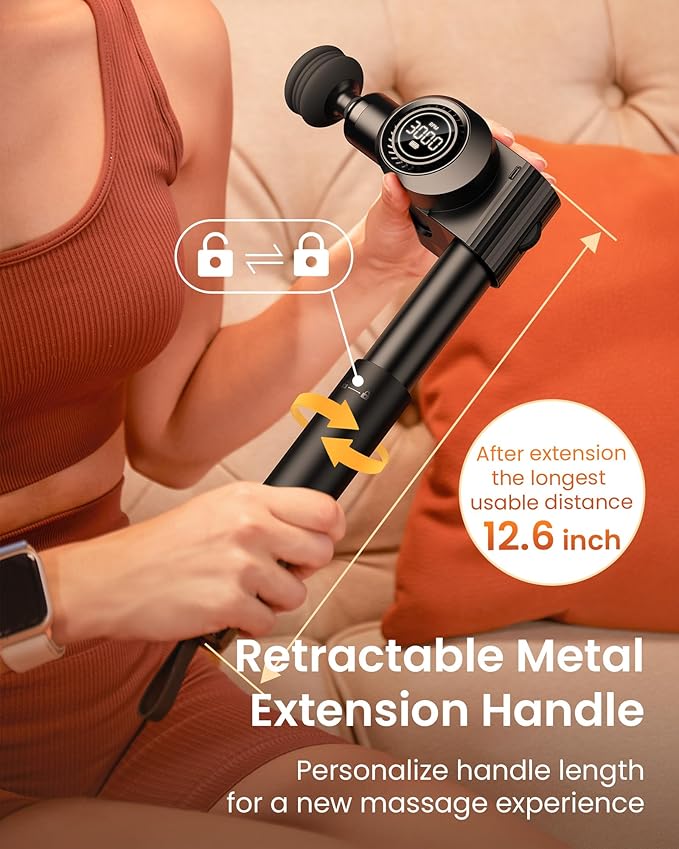 Foldable Massage Gun Deep Tissue with 5 Adjustable Angles,Portable Percussion Back Massager for Muscle/Neck/Body Pain Relief with Long Extension Metal Handle,32-Speeds,with Carry Case