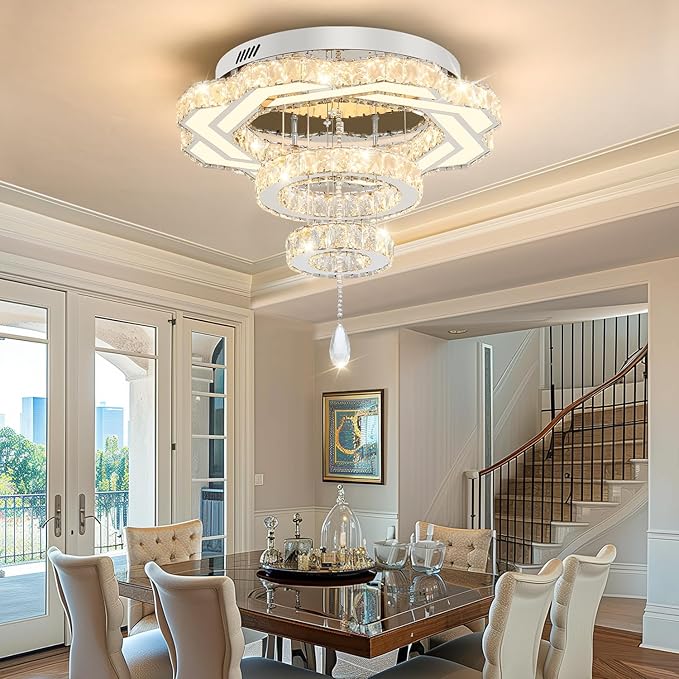Flashing God Modern Crystal Chandeliers Dia 24" Silver Chandelier Flush Mount Ceiling Light for Bedroom Living Room Dining Room Hallway Dimmable 3 Rings LED Celing Lighting Fixtures
