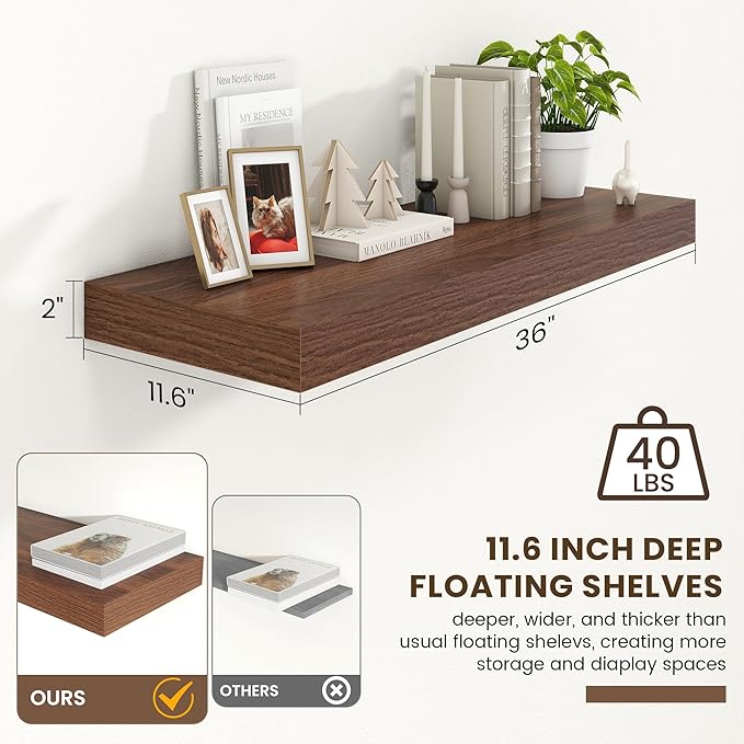 Deep Floating Shelves for Wall | 36 Inch Wide x 12 Inch Deep Floating Shelves | 36W x 12D Rustic Walnut Wide Wall Shelves | Bookshelf Laundry Shelf TV Shelf