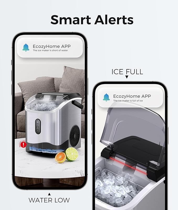 ecozy Smart Nugget Ice Maker Countertop, Portable Pebble Ice Machine with Voice Control, 34lbs/24H Soft Chewable Ice, Self-Cleaning Pellet Ice Maker with APP WiFi for Kitchen Party, Stainless Steel