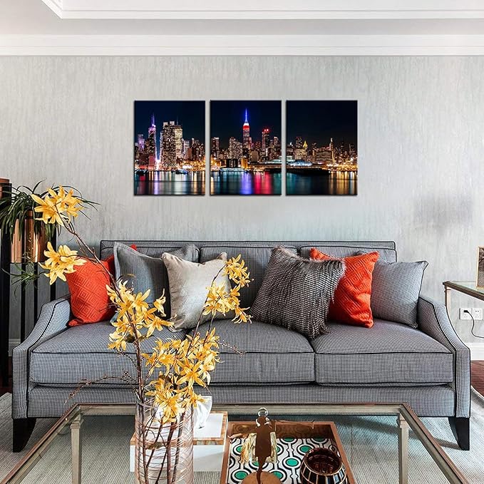 Biuteawal New York City Canvas Wall Art Manhattan Skyline Night View Picture Painting Modern Giclee Canvas Prints Home Office Living Room Wall Decoration